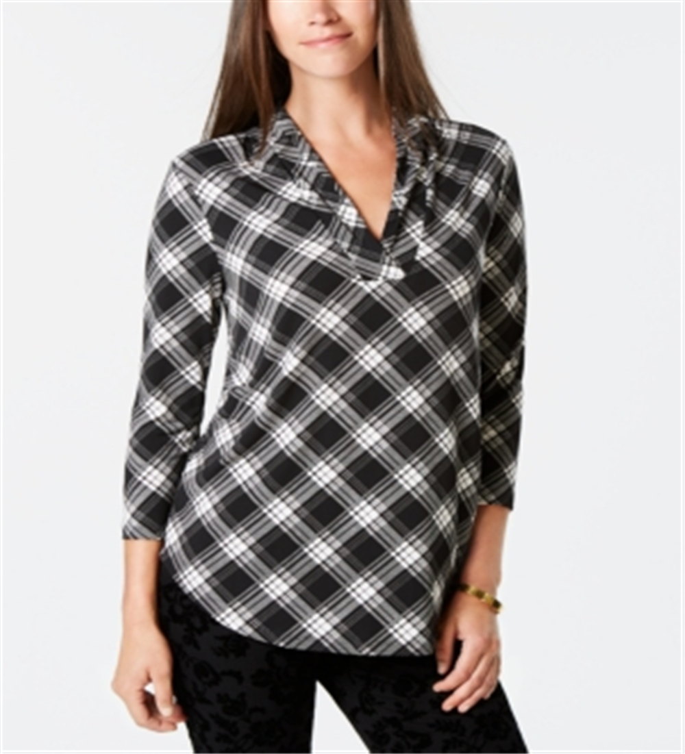 Charter Club Women's Printed Top Plaid Combo Black-White Size Petite S