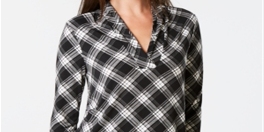 Charter Club Women's Printed Top Plaid Combo Black-White Size Petite S
