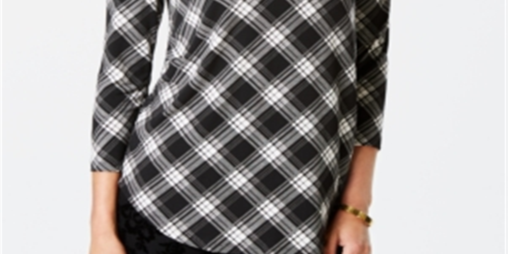 Charter Club Women's Printed Top Plaid Combo Black-White Size Petite S