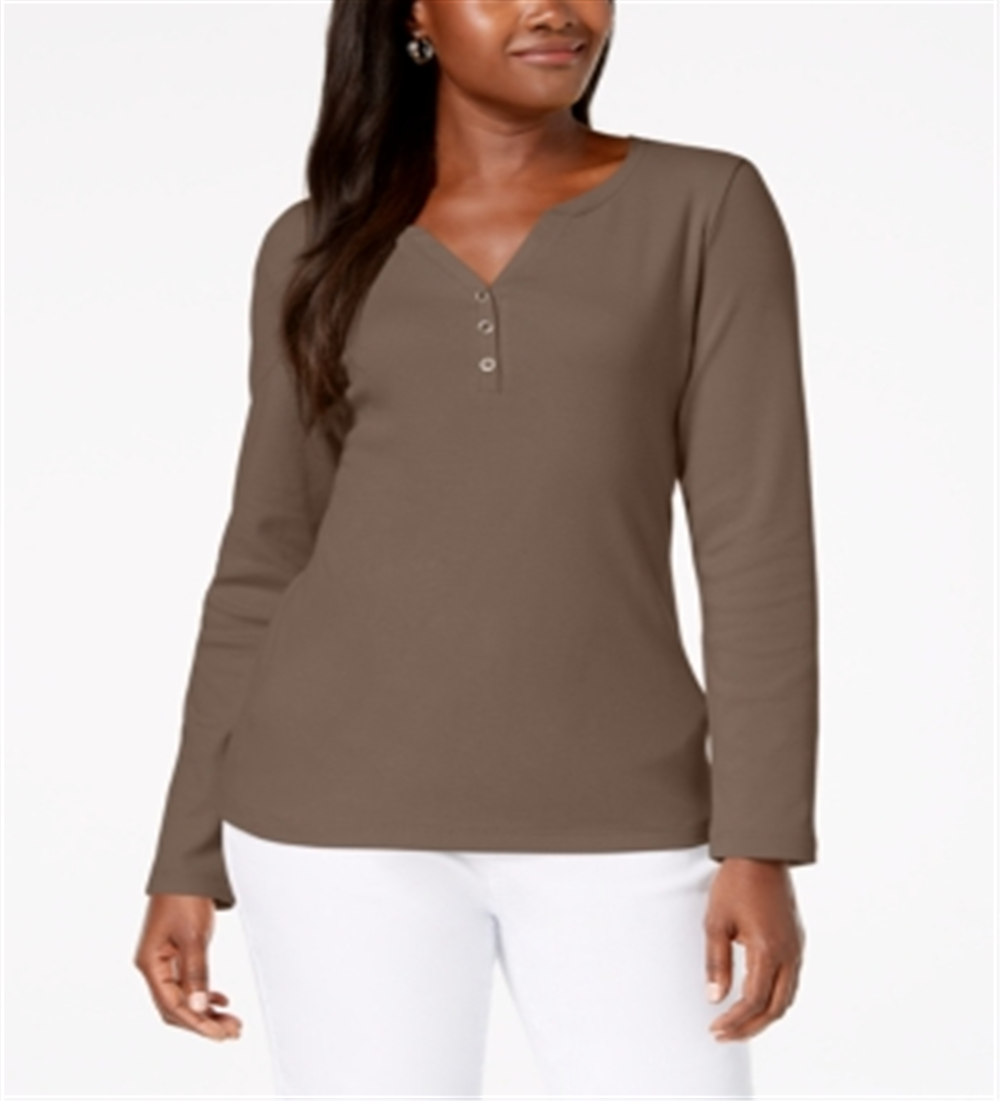 Karen Scott Women's Cotton Henley Neck Top Chestnut Size Petite S/M