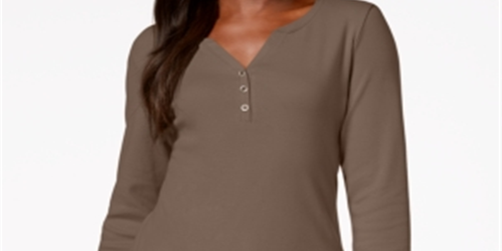 Karen Scott Women's Cotton Henley Neck Top Chestnut Size Petite S/M