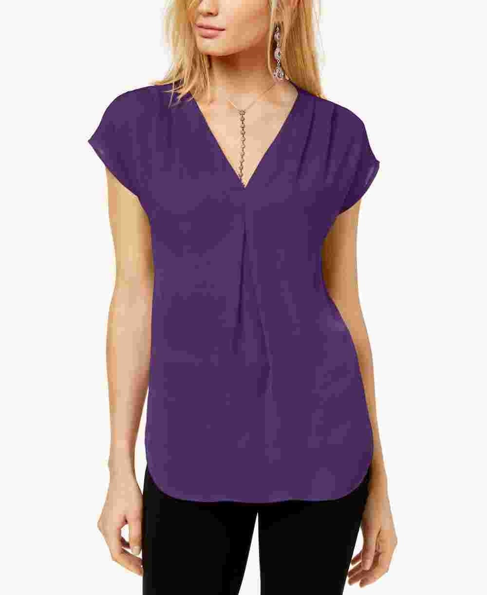 INC International Concepts Women's Inverted-Pleat V-Neck Top Purple Size X-Small