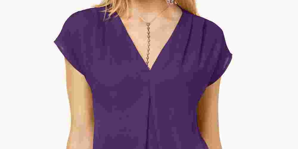 INC International Concepts Women's Inverted-Pleat V-Neck Top Purple Size X-Small