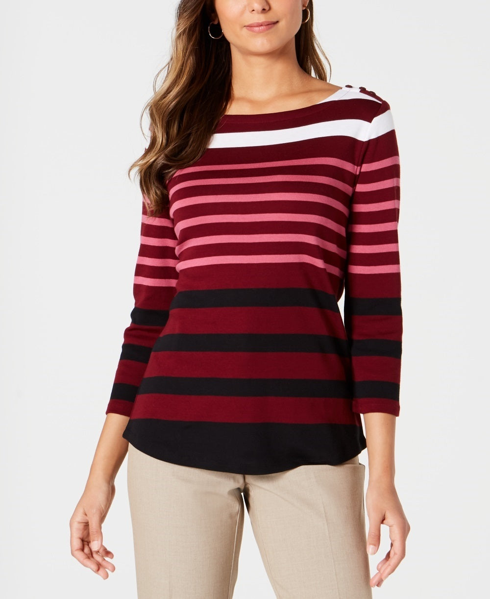 Charter Club Women's Pima Cotton Button-Shoulder Stripe Top Red Size X-Small