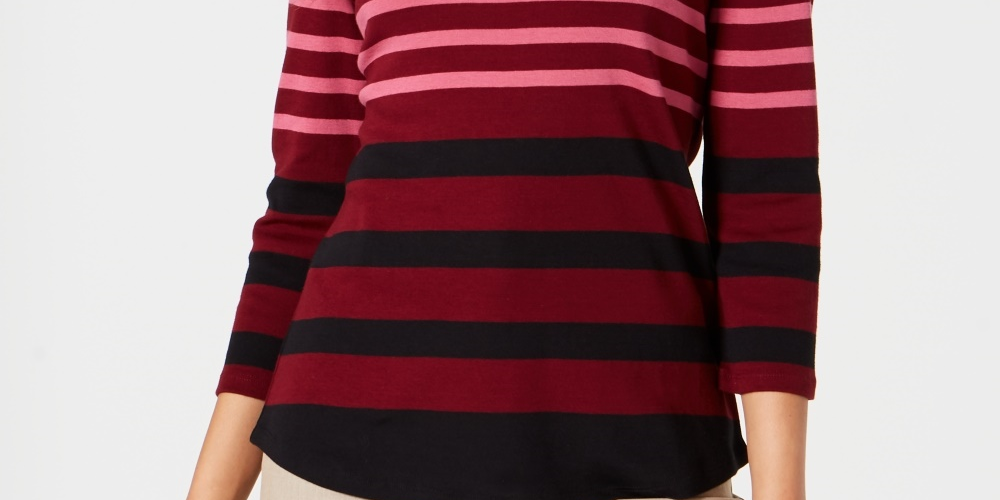 Charter Club Women's Pima Cotton Button-Shoulder Stripe Top Red Size X-Small