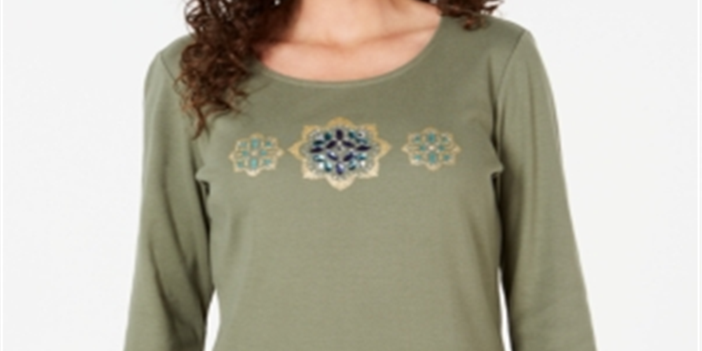 Karen Scott Women's Rhinestone-Embellished Cotton Top Green Size Petite X-Large