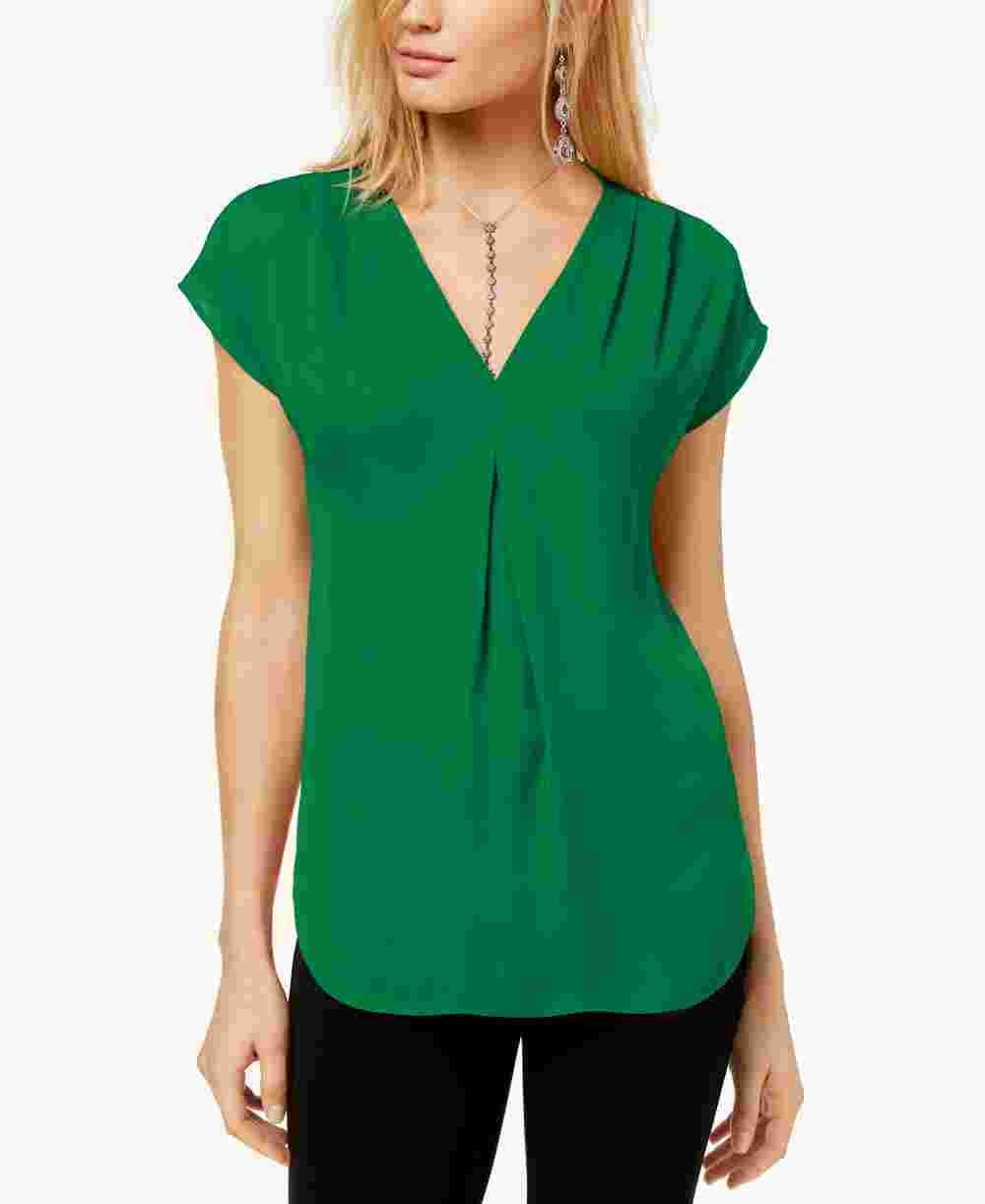 INC International Concepts Women's Inverted-Pleat V-Neck Top Green Size X-Small