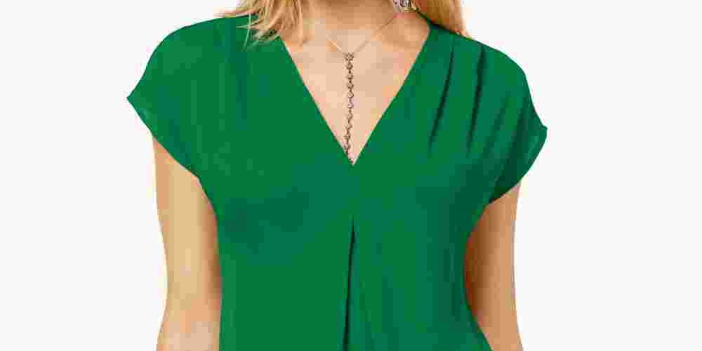 INC International Concepts Women's Inverted-Pleat V-Neck Top Green Size X-Small