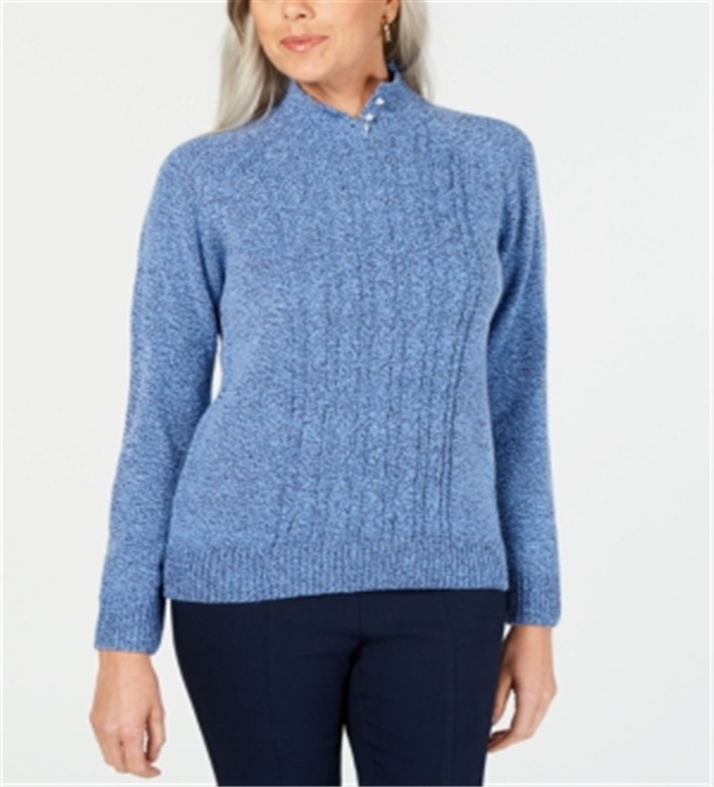 Karen Scott Women's Mock Neck Cable Knit Sweater Blue Size Petite L