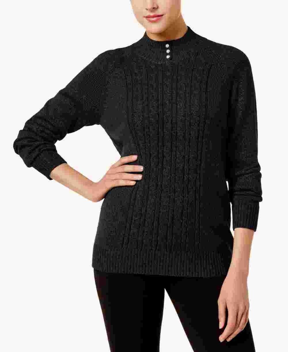 Karen Scott Women's Petite Mock-Neck Cable-Knit Sweater Black Size Petite