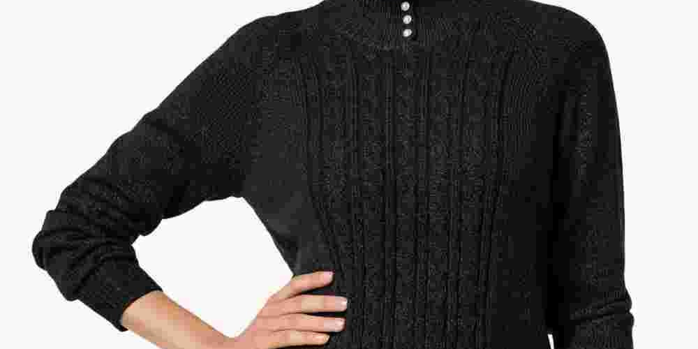 Karen Scott Women's Petite Mock-Neck Cable-Knit Sweater Black Size Petite
