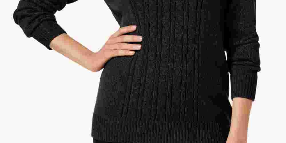 Karen Scott Women's Petite Mock-Neck Cable-Knit Sweater Black Size Petite