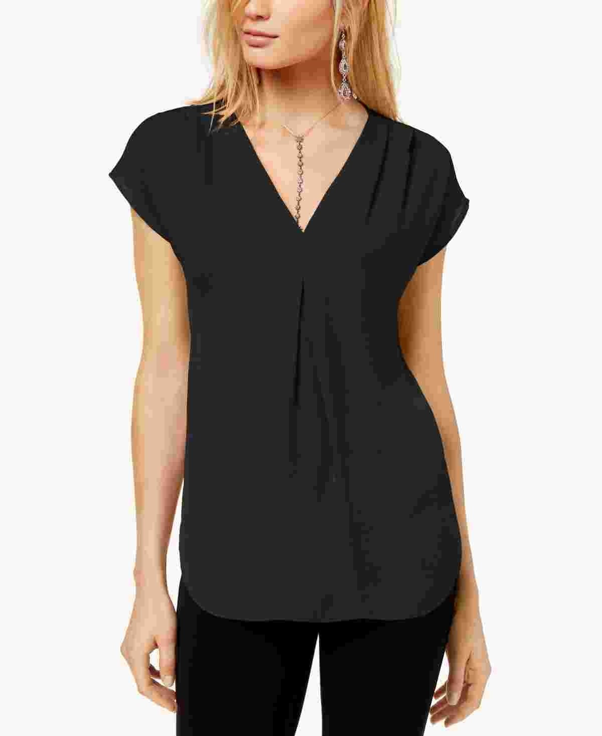 INC International Concepts Women's Inverted-Pleat V-Neck Top Black Size X-Small