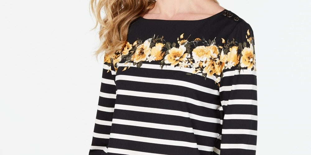 Charter Club Women's Petite Striped Floral-Print Top Black Petite Small