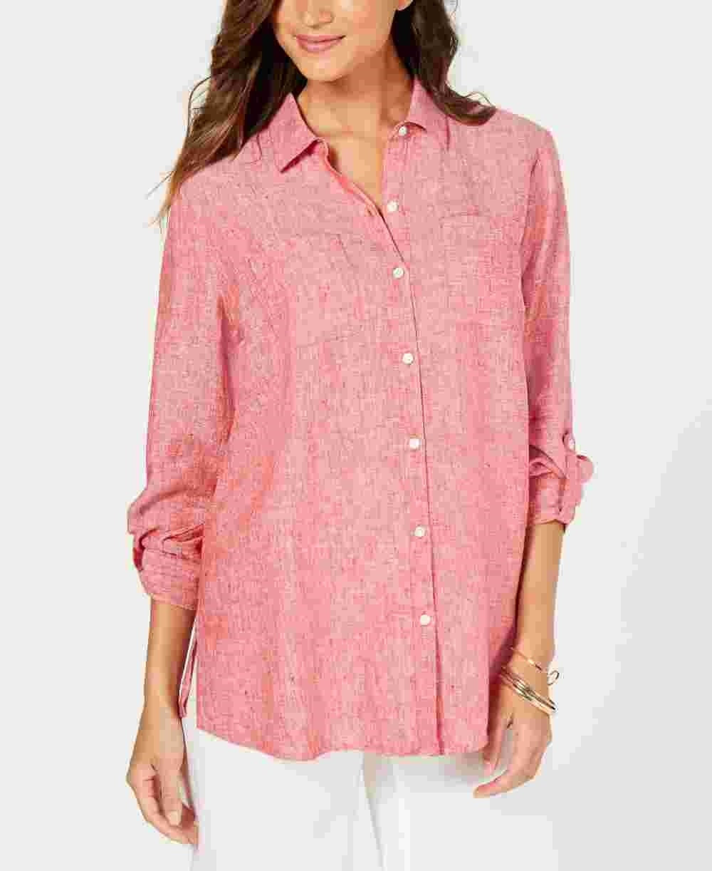 Charter Club Women's Linen Utility Shirt Medium Pink Size Medium