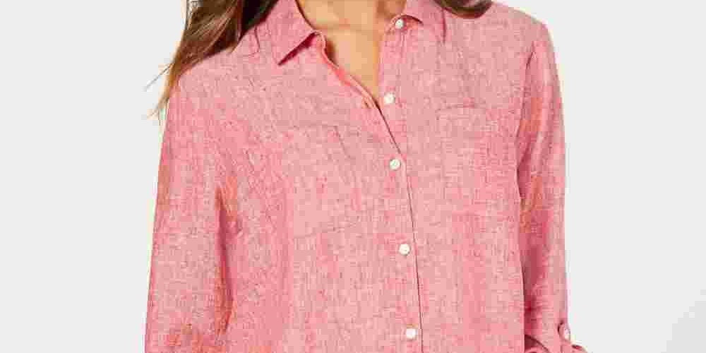 Charter Club Women's Linen Utility Shirt Medium Pink Size Medium