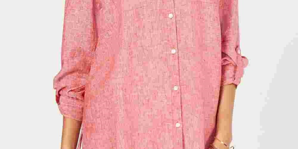 Charter Club Women's Linen Utility Shirt Medium Pink Size Medium