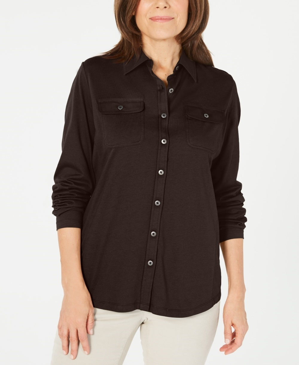 Karen Scott Women's Mixed-Media Button-Front Top Brown  Size Medium