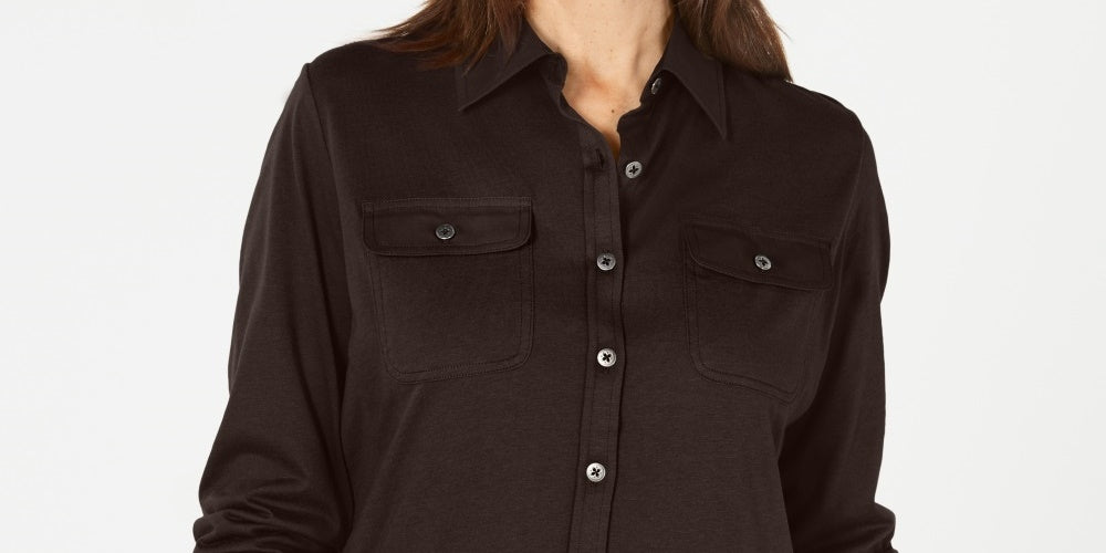 Karen Scott Women's Mixed-Media Button-Front Top Brown  Size Medium