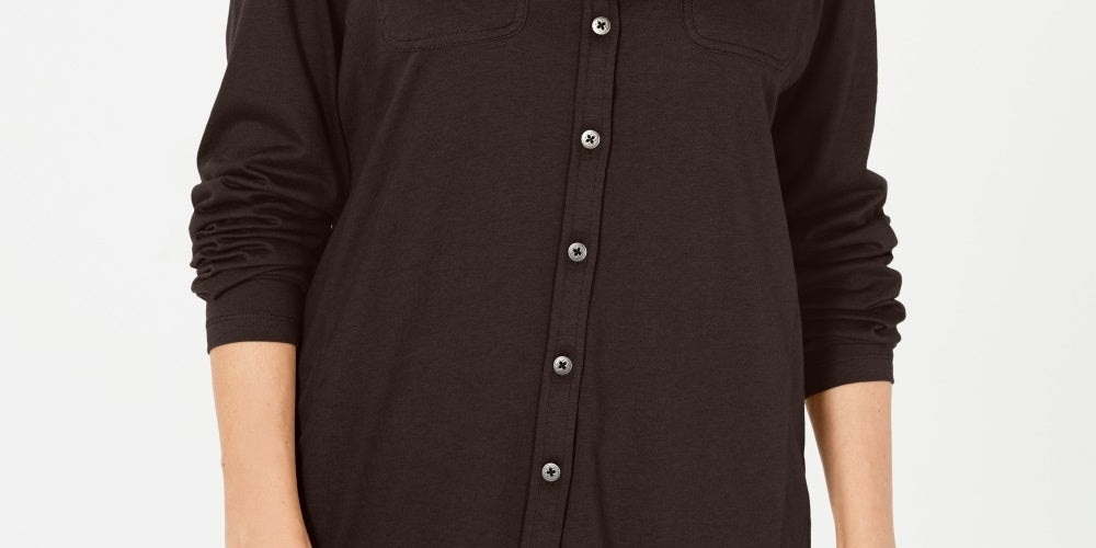 Karen Scott Women's Mixed-Media Button-Front Top Brown  Size Medium