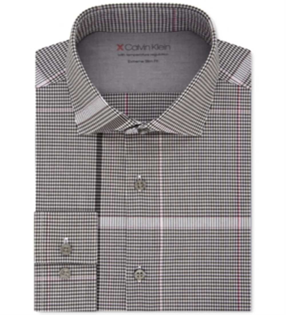 Calvin Klein Men's Extra Slim Fit Performance Stretch Temperature Regulation Plaid Dress Shirt Pink Size XL
