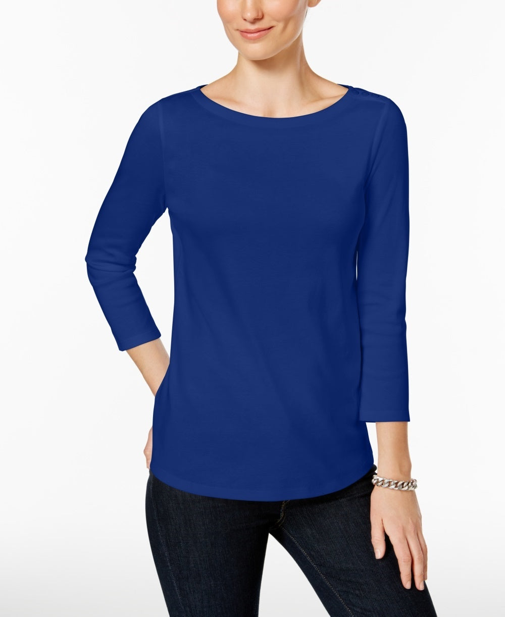 Charter Club Women's Petite Pima Cotton Button-Shoulder Top Blue Petite Large