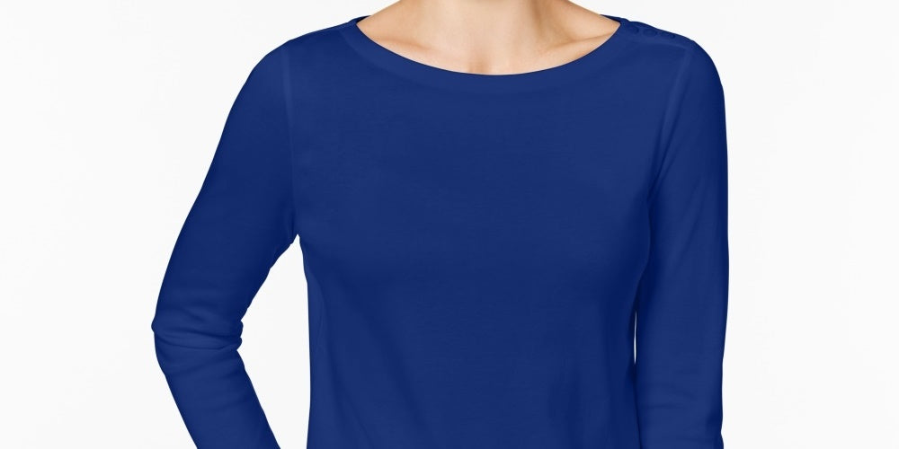 Charter Club Women's Petite Pima Cotton Button-Shoulder Top Blue Petite Large