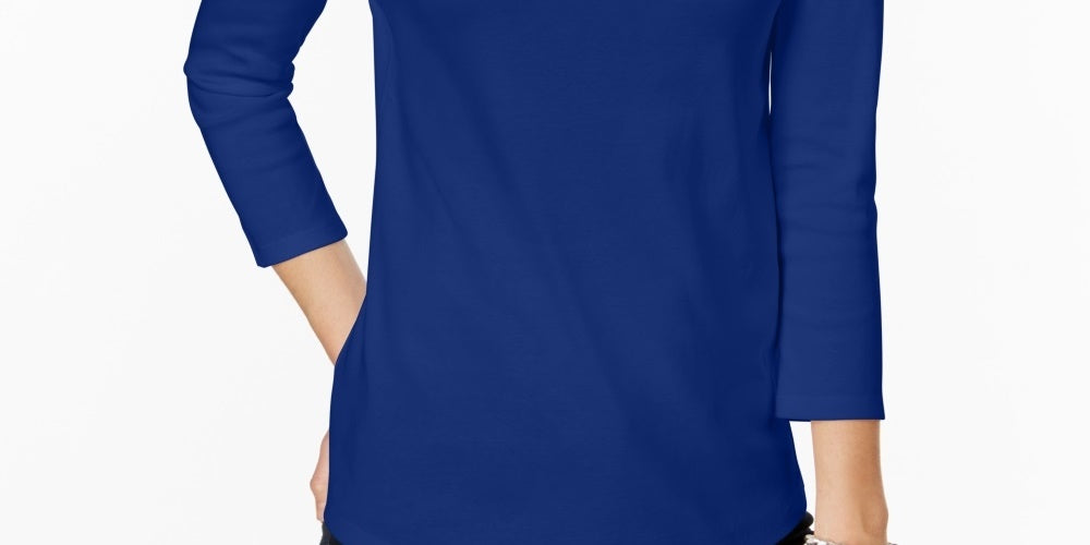 Charter Club Women's Petite Pima Cotton Button-Shoulder Top Blue Petite Large