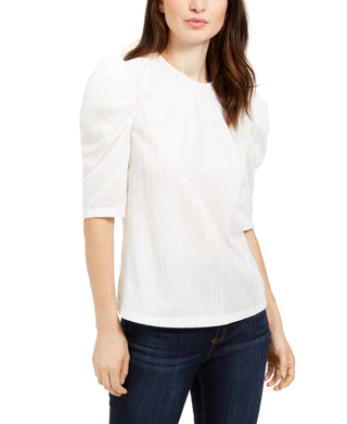 Leyden Women's Crushed Velvet Puff-Sleeve Top White Size Small