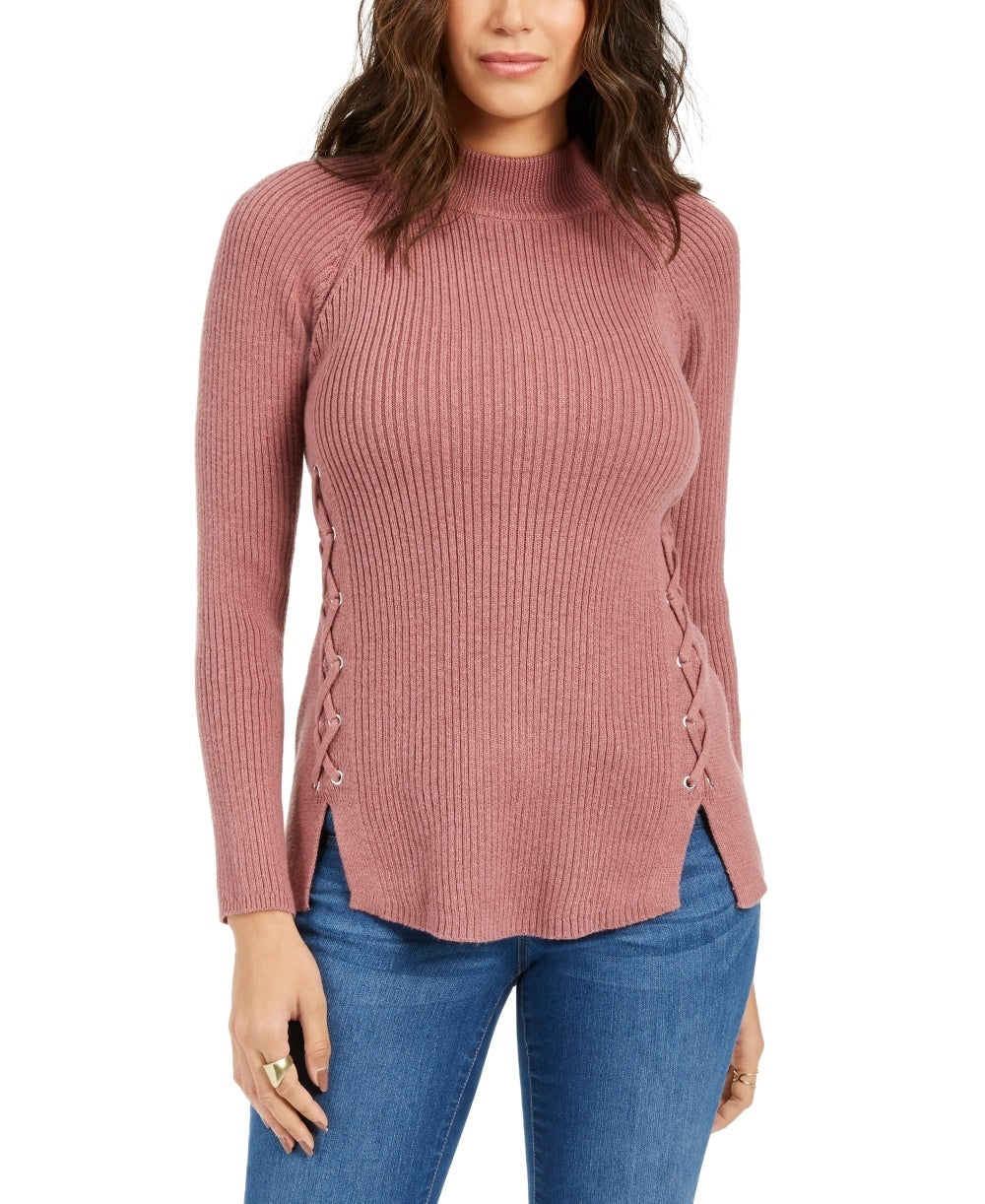 Style & Co Women's Mock Neck Lace-Up Ribbed Knit Sweater Purple Size X-Small