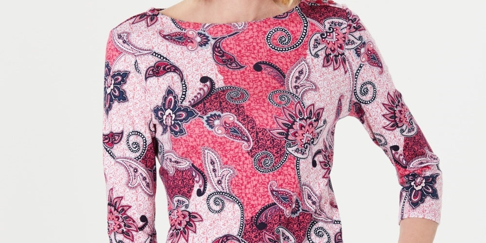 Charter Club Women's Printed Cotton 3/4-Sleeve Top Pink Size Small