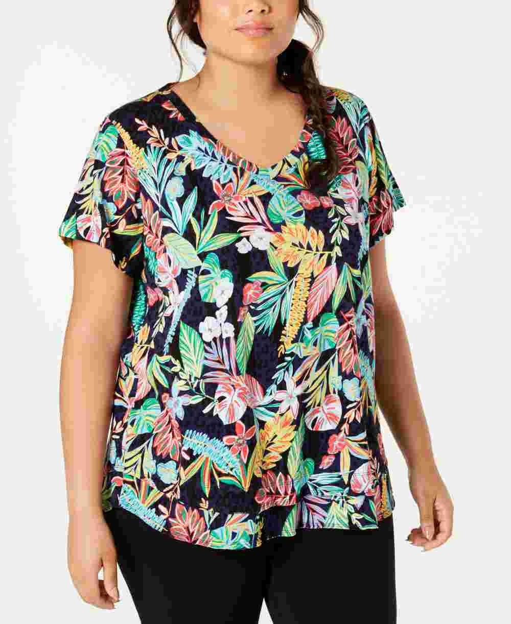 Calvin Klein Performance Women's Plus Size Cotton Island Cheetah Printed T-Shirt Navy Multi Size 1X
