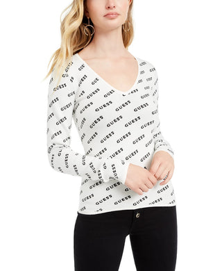 Guess Women's V-Neck Logo Sweater Brown Size X-Small