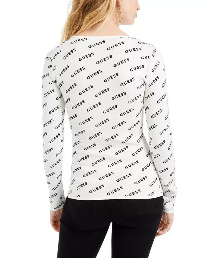 Guess Women's V-Neck Logo Sweater Brown Size X-Small