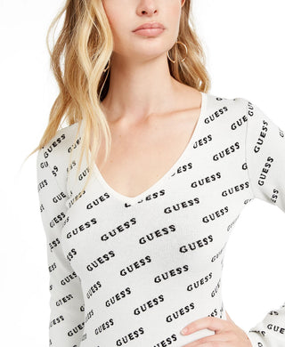 Guess Women's V-Neck Logo Sweater Brown Size X-Small