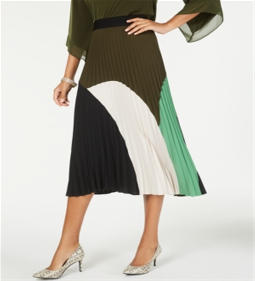 Alfani Women's Colorblock Pleated MIDI Skirt Green Size Petite S/M