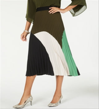 Alfani Women's Colorblock Pleated MIDI Skirt Green Size Petite S/M