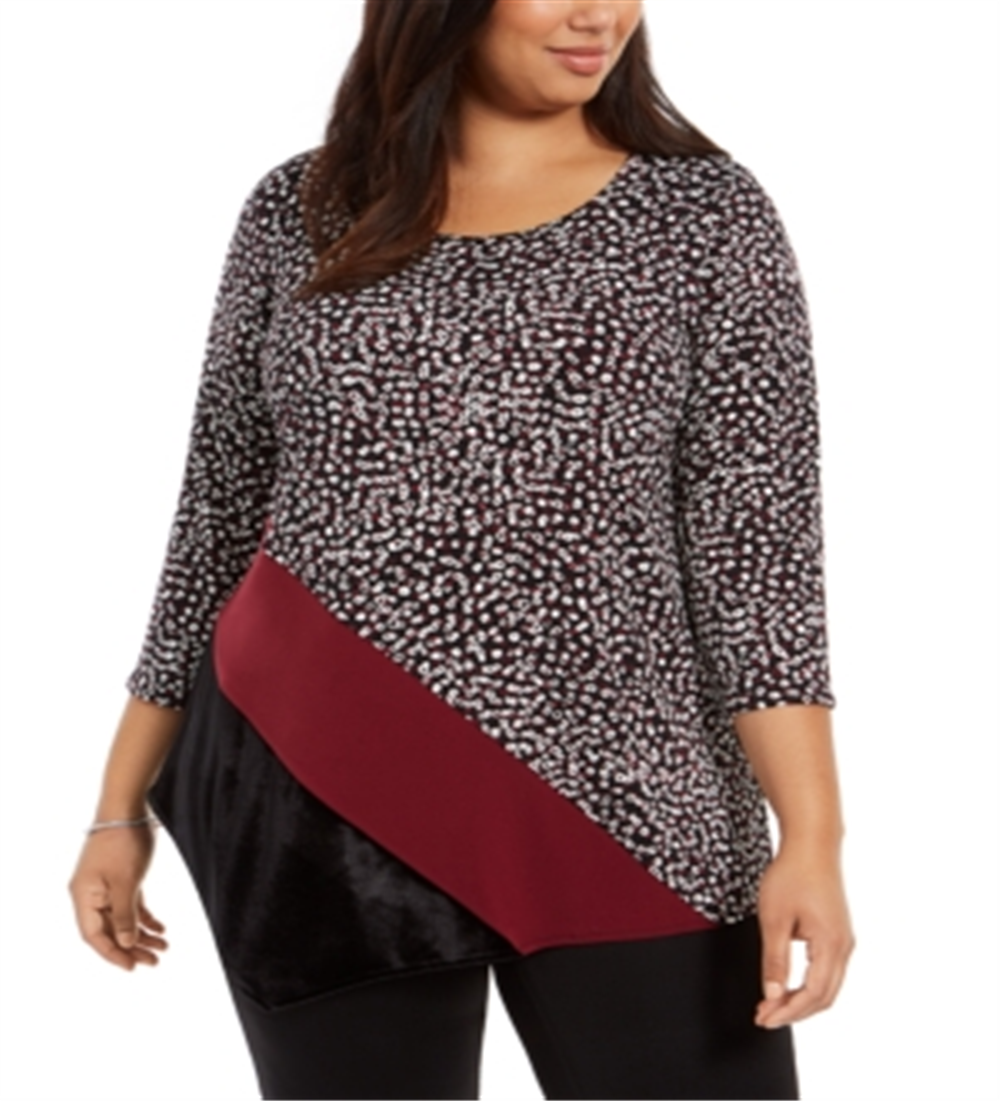 Alfani Women's Printed & Velvet Asymmetrical Top Black/multi Size 0X