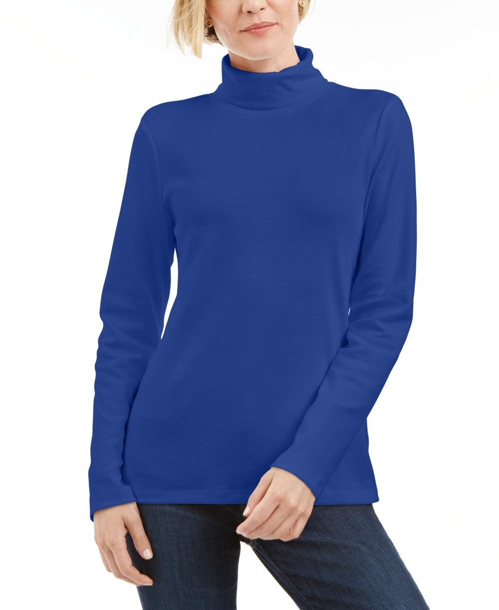 Karen Scott Women's Petite Cotton Turtleneck Top  Blue Size PM