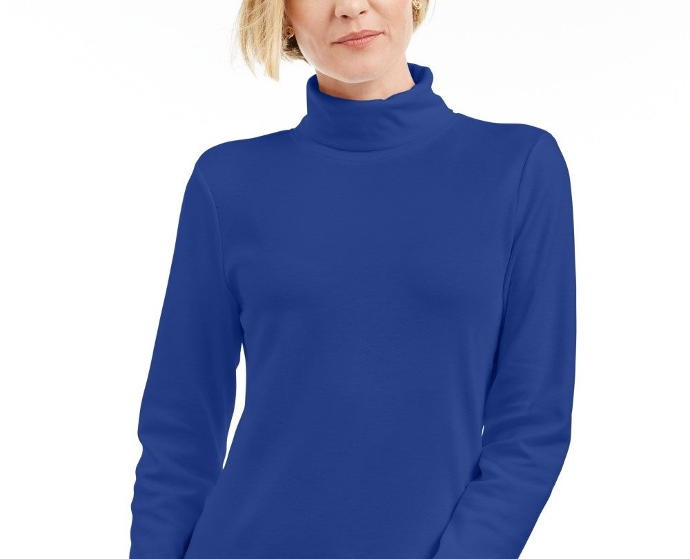 Karen Scott Women's Petite Cotton Turtleneck Top  Blue Size PM