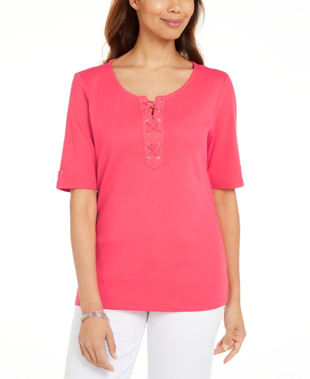 Karen Scott Women's Cotton Lace-Up Elbow-Sleeve Top Orange Size X-Small