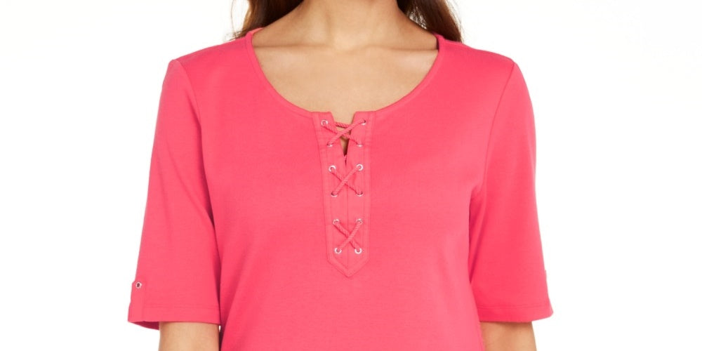Karen Scott Women's Cotton Lace-Up Elbow-Sleeve Top Orange Size X-Small