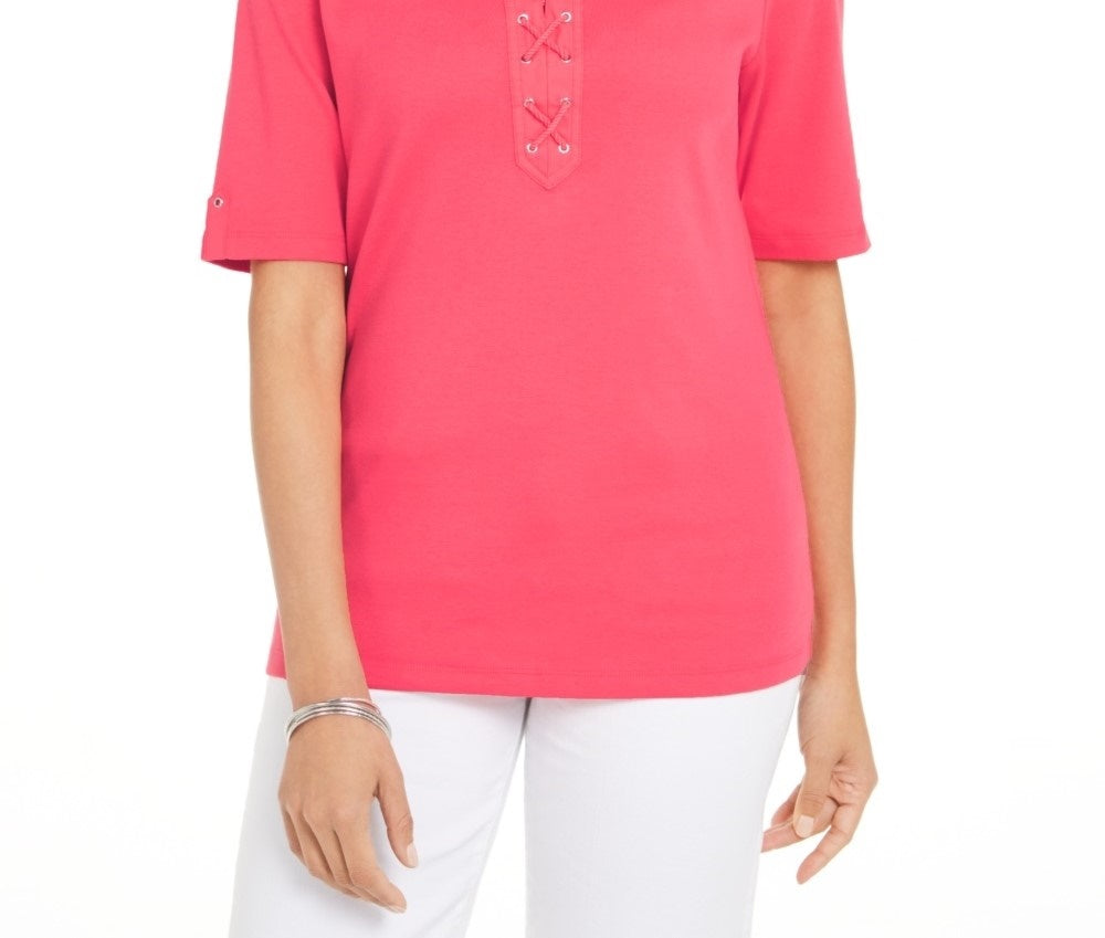 Karen Scott Women's Cotton Lace-Up Elbow-Sleeve Top Orange Size X-Small
