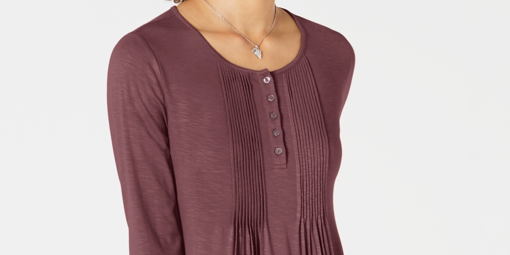 Style & Co Women's Long-Sleeve Pintuck Top Purple Size X-Small