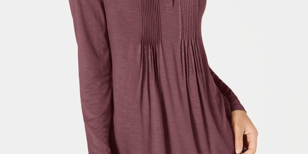 Style & Co Women's Long-Sleeve Pintuck Top Purple Size X-Small