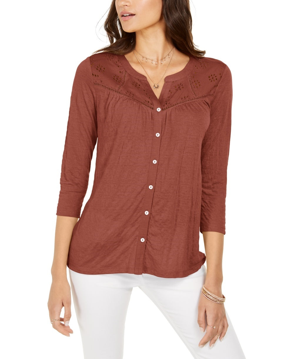 Style & Co Women's Eyelet Button-Front Top Brown Size Medium