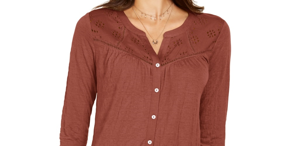 Style & Co Women's Eyelet Button-Front Top Brown Size Medium
