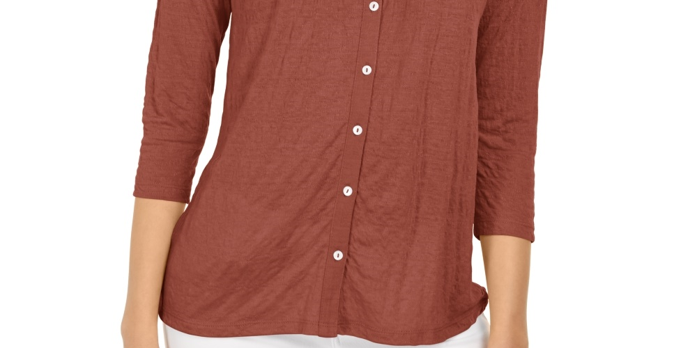 Style & Co Women's Eyelet Button-Front Top Brown Size Medium