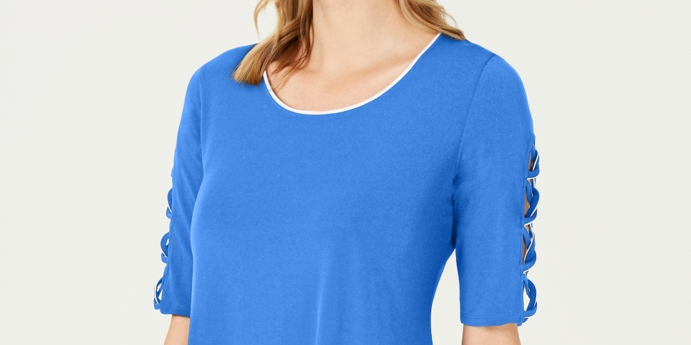 JM Collection Women's Petite Braided-Sleeve Tunic  Blue Petite Small