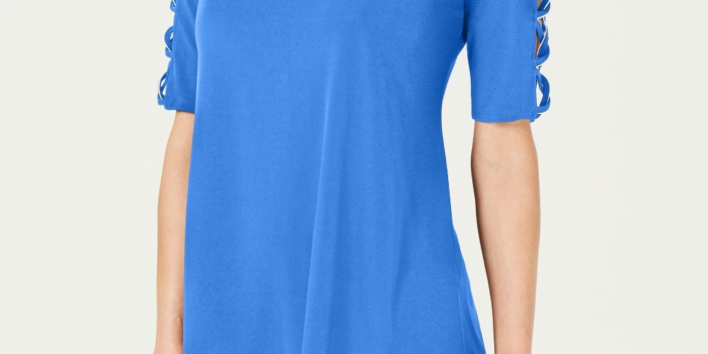 JM Collection Women's Petite Braided-Sleeve Tunic  Blue Petite Small